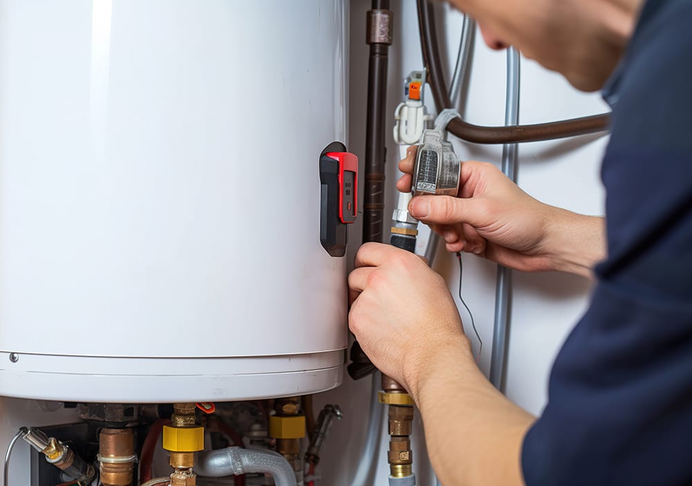 Technician repairing pipes connected to a water heater in Commerce City